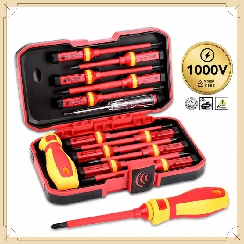 13Pcs 1000V Insulated Screwdriver Kit Changeable Magnetic Slotted Bits Professional Electrician Electrical Repair Hand Tools