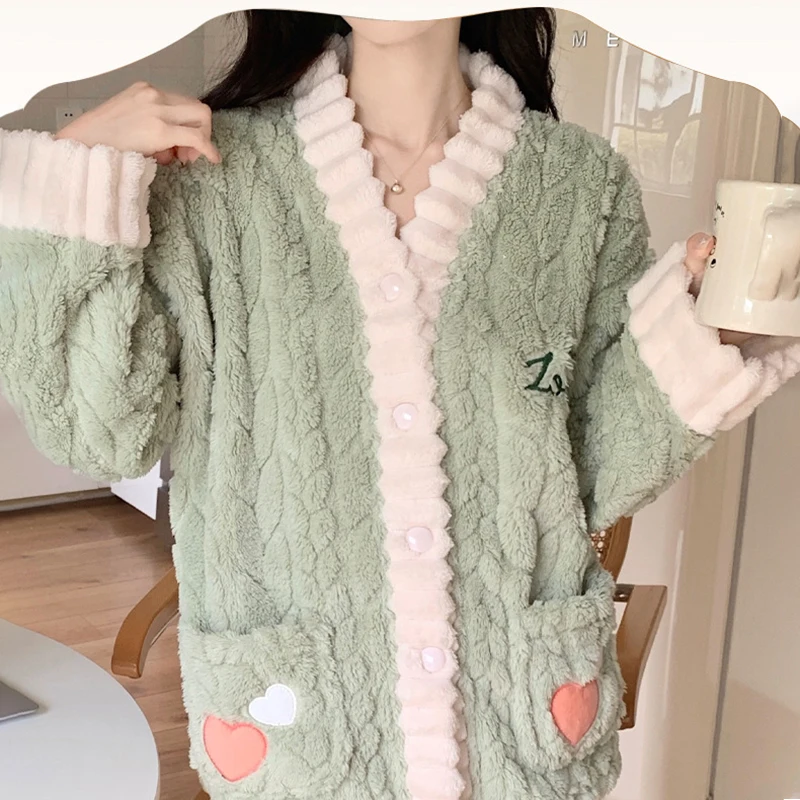 Sleepwear Women Winter Warm Pajamas Sets Coral Fleece Thick Flannel Homewear Sets Cute Clothing Pajamas Long Sleeve Nightwear