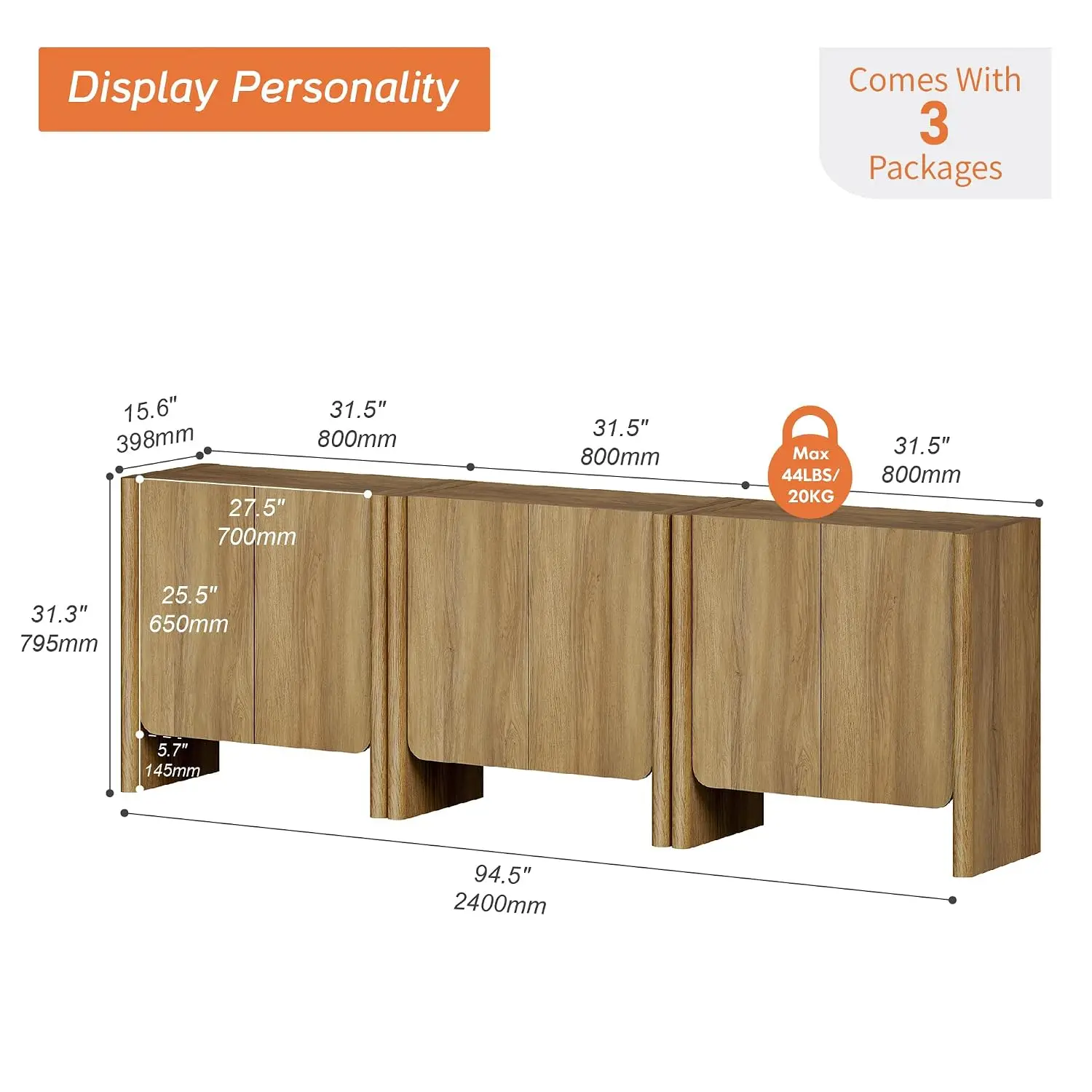 Buffet Cabinet Coffee Bar Sideboard TV Stand with Adjustable Shelves Rounded Wood for Living Dining Room 94.5