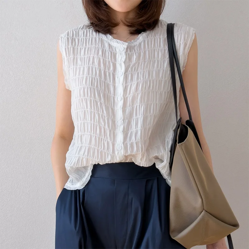 93% Mulberry Silk 7% Spandex Crinkle Silk Solid Color Crew Neck Buttons Down Sleeveless Casual Shirt Blouse Summer M1682