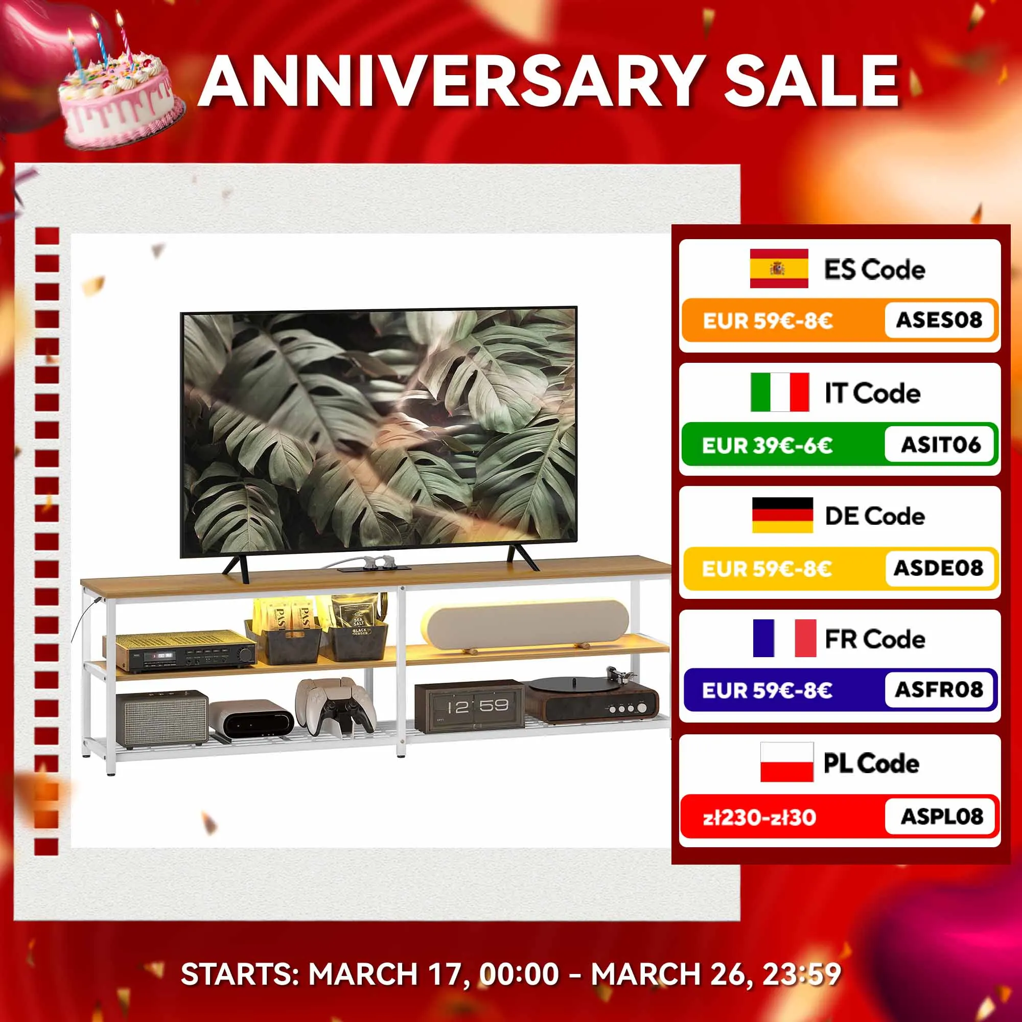 HOMCOM mobile TV industriale telecomandato naturale 159x29x46,5 cm con luci