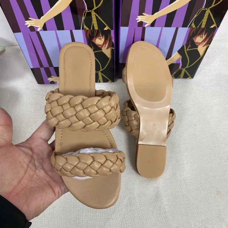 Summer Double Braid Modern Sandals Women 2024 New Flat Slides Leather Fashion Casual Slip on Woman Outdoor Beach Shoes