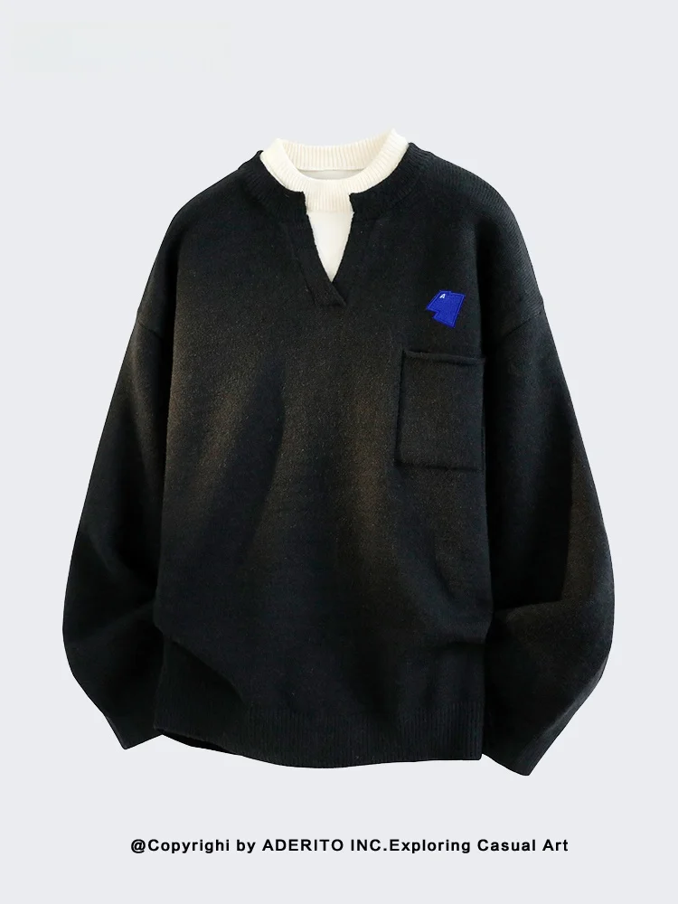 

Loose Men's Knitted Sweater Fake Two-Piece Casual Sle Winter Warm Polyester Fiber Long Sve round Ne Couple's Sweatirt