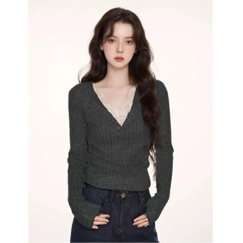 

Женский пуловер с длинным рукавом, кружевной, осенне-зимний, новый, с V-образным вырезом, облегающий, для многослойного ношения, с лоскутными вставками, с оборками на талии, топ-пальто