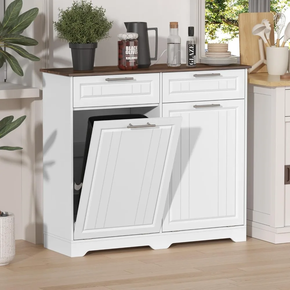 

Double Tilt Out Trash Can Cabinet, 2 x 10 Gallon Hidden Laundry Hamper Cabinet with Storage Drawers, Garbage Can Holder for Kitc