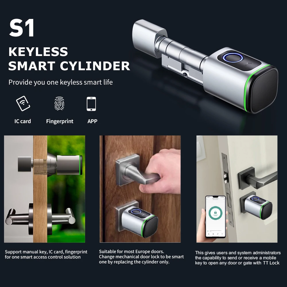 Smart Cylinder Lock Tuya 60/70mm Electric Bluetooth APP Remote Biometric Fingerprint Lock Anti-Theft Security Home Door Mortise