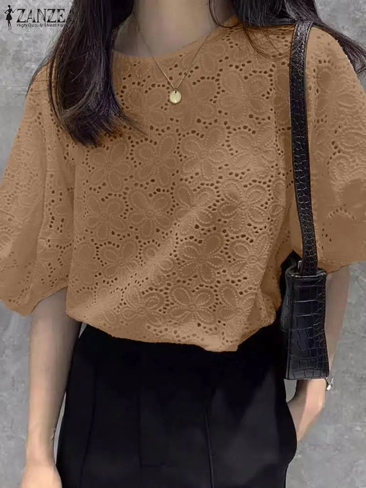 ZANZEA Stylish Women Short Sleeve Lace Crochet Blouse Summer Elegant Shirt Casual Loose Hollow Out Blusas Femininas Work Tops