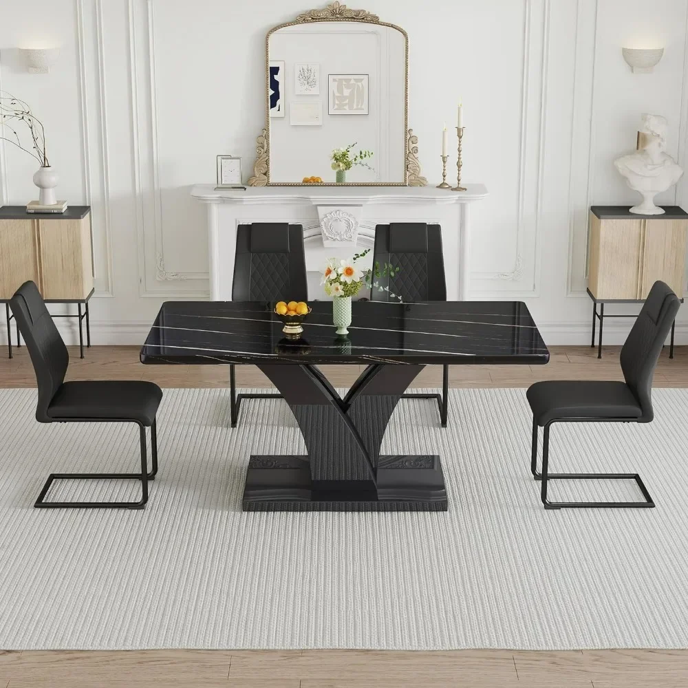 

Modern Dining Table Set,Rectangular Faux Marble Kitchen Table Set, with MDF Legs and Black PU Leather Upholstered Dining Chairs