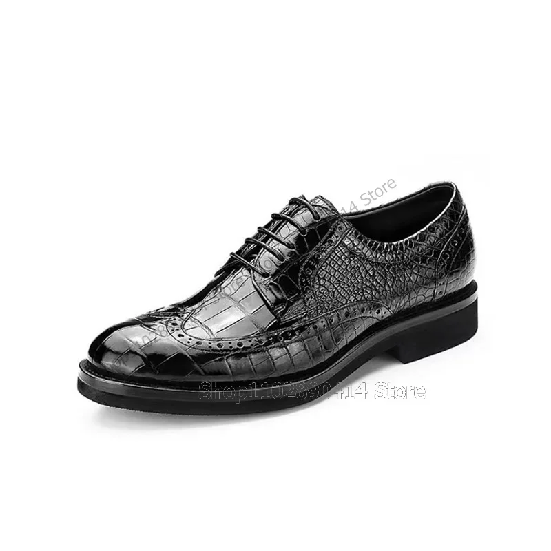 

Black Crocodile Print Round Toe Strappy Men Shoes Fashion Lace Up Male Shoes Luxury Handmade Party Feast Office Men Dress Shoes