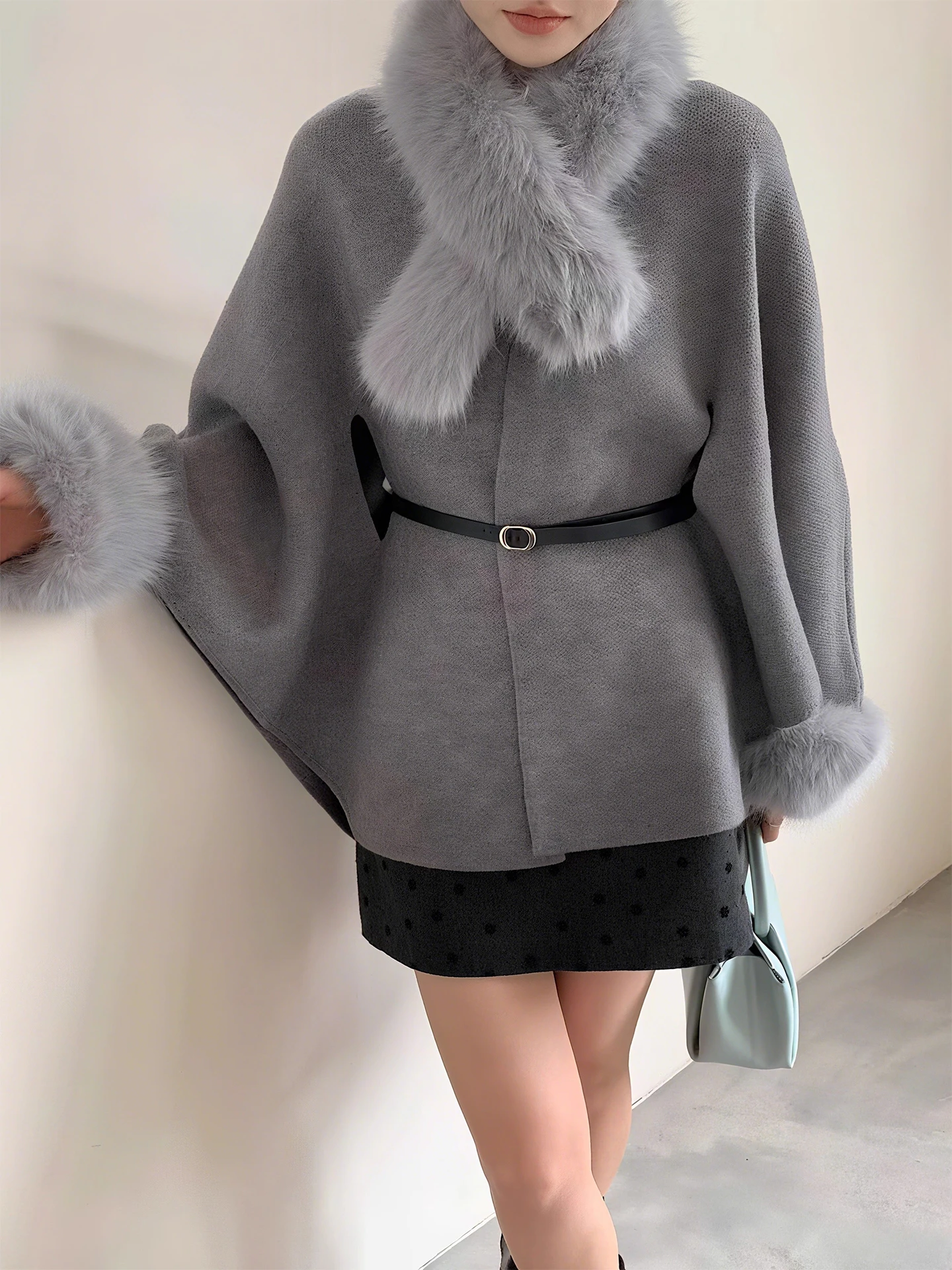 

Clothland Women Stylish Fur Knitting Jacket Belt Long Sleeve Pink White Black Outwear Female Chic Shawl Cape Coats CB206