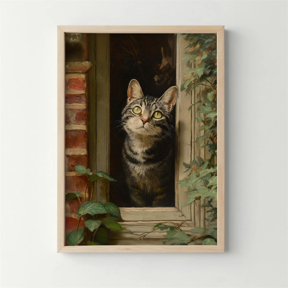 

Curious Cat in Vintage Window Wall Art Poster Cottagecore Tabby Kitten Print Home Decor Moody Rustic Vintage Cat Canvas Painting
