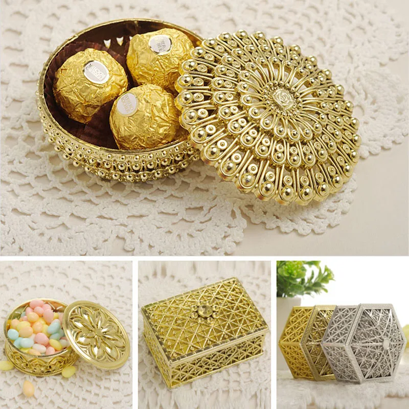 

12 Pcs/set Gold Silver Mini Plastic Hollow Gold Foil Cake Candy Box Wedding Gift Baby Shower Small Gift Box Party Event Supplies