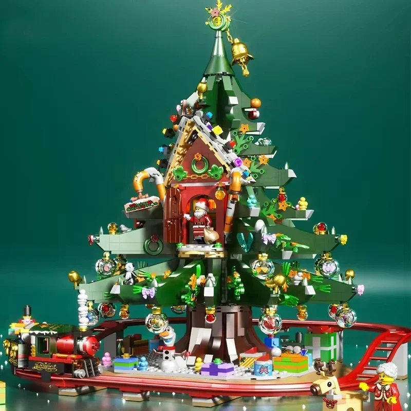 Large Christmas Tree House Building Blocks Toy Sets  With LED Lights Street View Train Model Assembly Bricks Toy for Kids Gifts