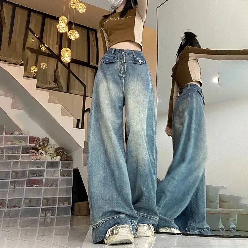 

Retro Wide-leg Jeans Women's Spring Autumn New Loose Floor-length Trousers, Design Sense Female Casual Denim Straight-leg Pants