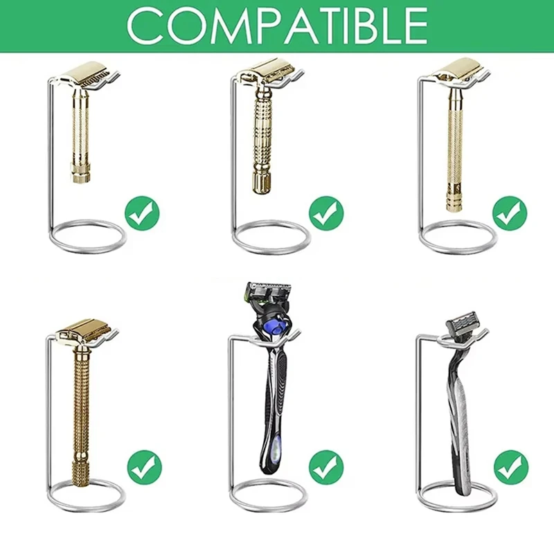 ABKP-Men Metal Art Shaving Brush Stand Razor Base Chromed Silver Shaving Razor Beard Clean Shaver Kit Cartridge Easy Carry