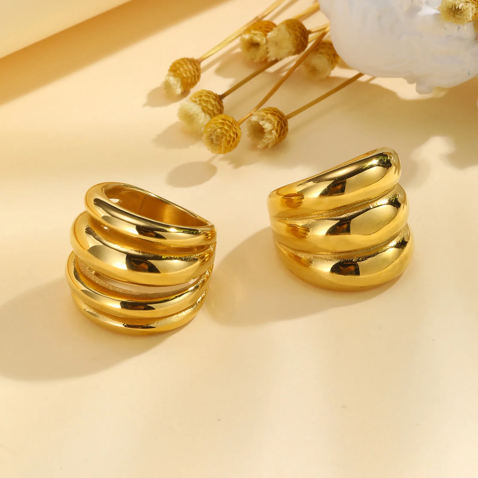 Double Layer Chunky Ring for Women, Gold Plated Stainless Steel, High Polish Statement Band Radial Ring - Image 5