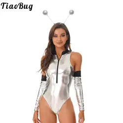 Womens Halloween Ruimte Astronaut Kostuums Robot Ruimte Rol Spelen Outfits Metallic Glanzende Bodysuit Met Buitenaardse Haar Hoepel Strak Pak