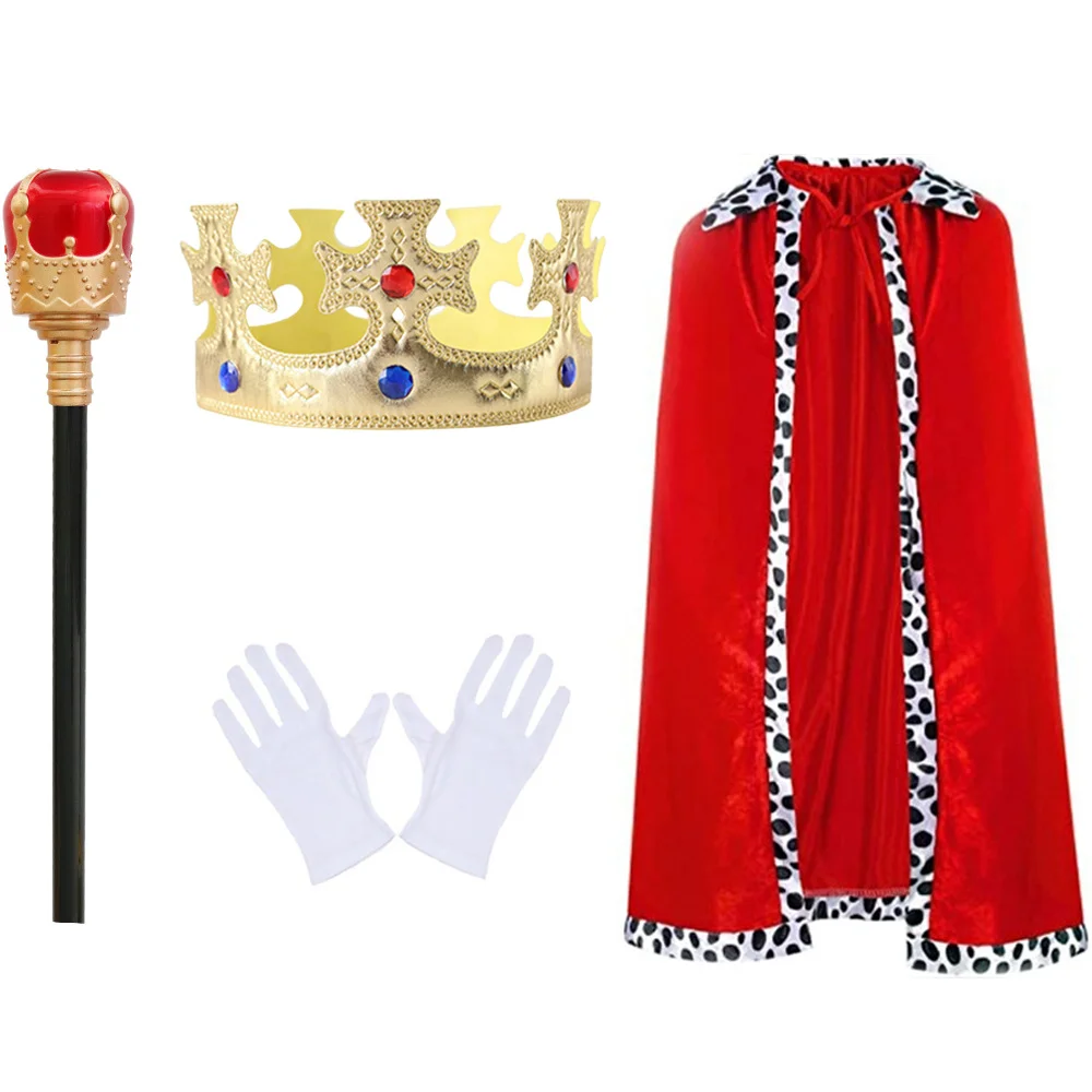 Conjunto de disfraz de rey: corona, capa roja, cetro y guantes, juego de cuatro piezas: perfecto para fiestas de disfraces de rey cosplay.