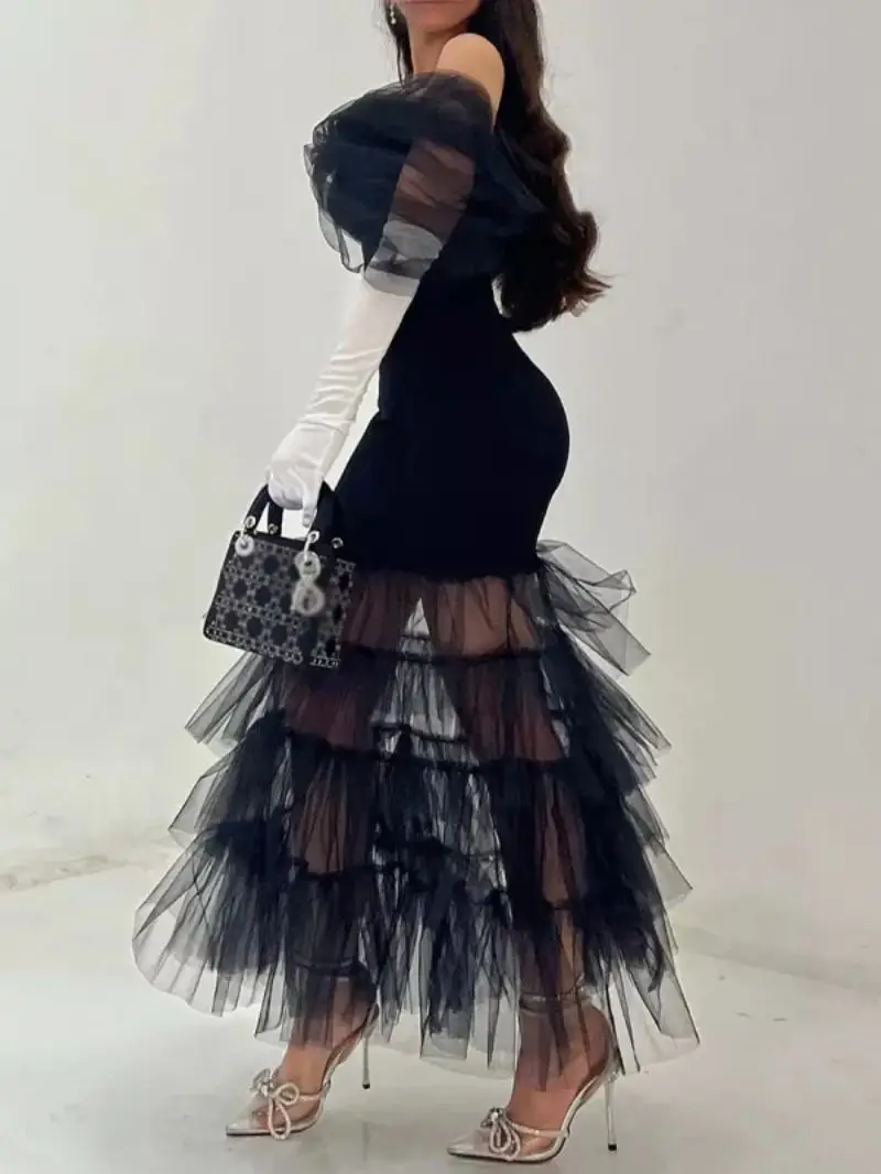 섹시한 현대 인어 파티 착용 댄스 파티 Strapless Tulle Ruffles 발목 길이 하프 슬리브 정장 이브닝 드레스 2025 무료 맞춤형