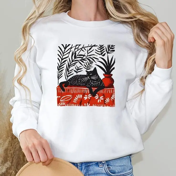 

Sweatshirt Long Sleeves Stylish Pullover Y2K Graphic Hoodies Crew Neck Unisex Casual Daily Wear Black Cat On Red Tablecloth