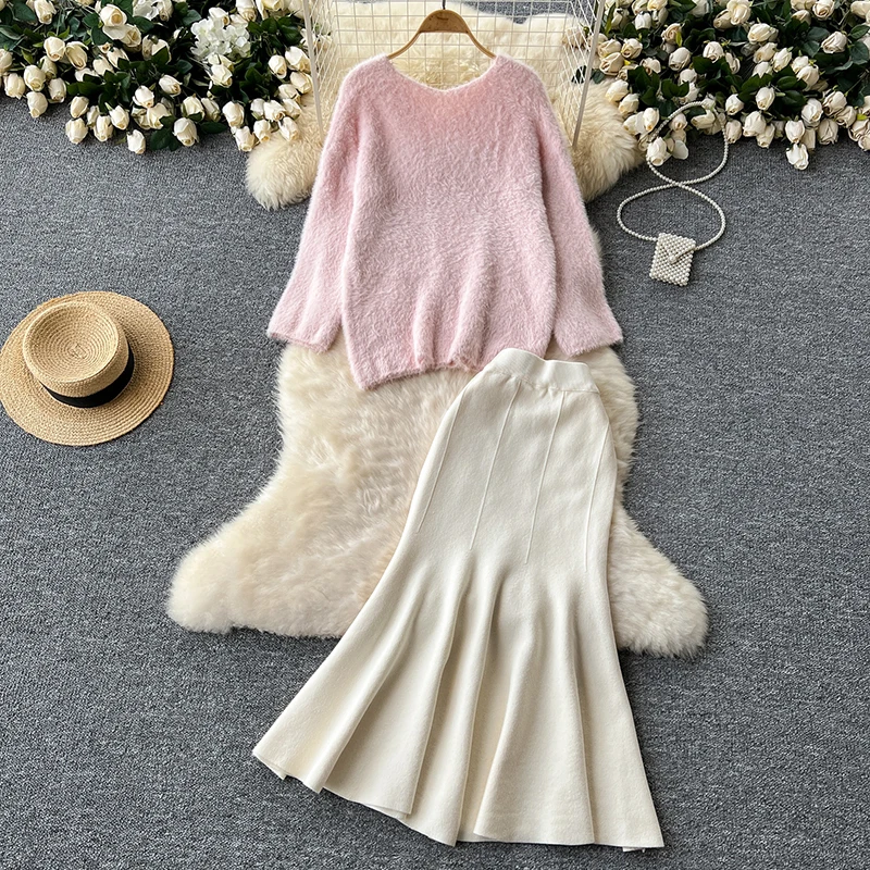 EWQ Sweet Knitted 2 Piece Sets For Women Casual V-neck Long Sleeve Pullover Top＋High Waist Long Skirt 2024  Autumn New 27X1262