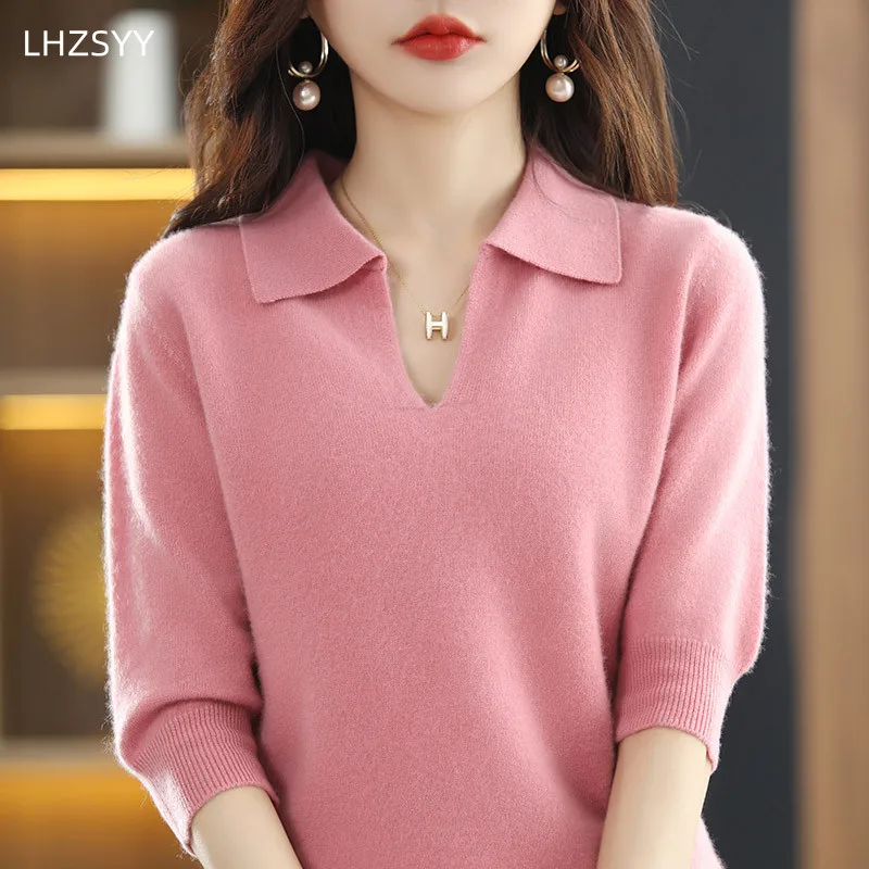 2024 Spring New Cashmere Sweater Women\'s T-Shirt 100% Pure Wool Knitted Sweater Loose lapel Top Thin Pullover Short-Sleeve Trend