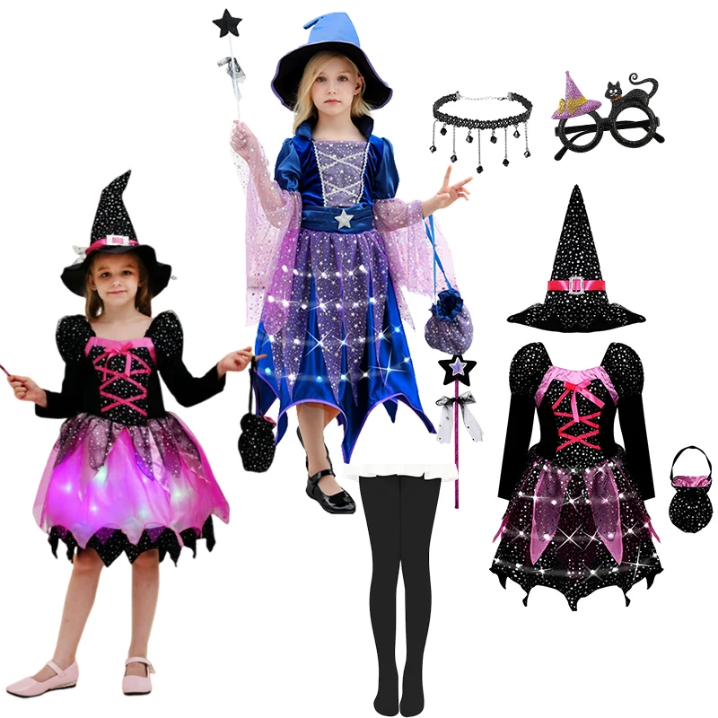 LED Light‑Up Kids Girls Witch Character Cosplay Tulle Dress with Full Accessories for Halloween Theme Party Activities