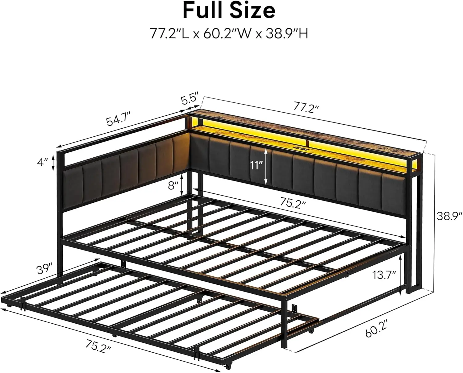 إطار سرير مزدوج كامل من LIKIMIO مع دولاب، ولوح أمامي للتخزين المنجد وأضواء LED، وسرير نهاري مزدوج الحجم مع محطة شحن #4