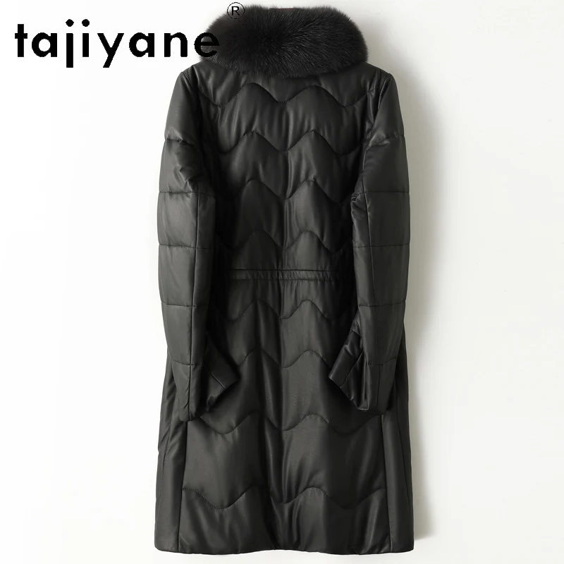 TAJIYANE 100% 최고급 양가죽 다운 코트 겨울 중간 길이 블랙 리얼 가죽 패딩 재킷 여성용 폭스 퍼 칼라 2025