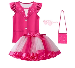 Kawaii Children Costume Girls Casual Movie Barbi Pink Princess Cosplay Shirt + Skirt +Bag 3pcs Set Kids Clothing Sweet Party