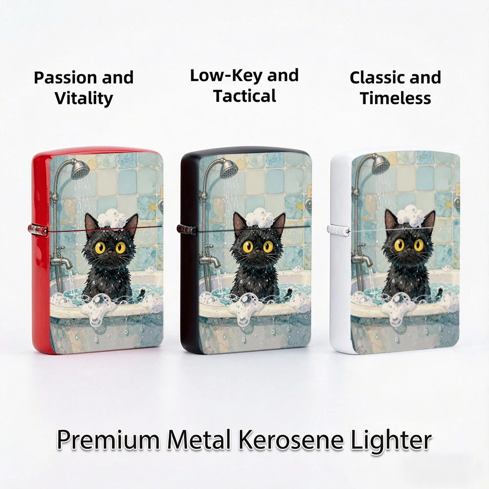 Flip Top Lighter Cute Black Cat Taking Bath Bubble Watercolor Art Pattern lighters vintage lighters for smokers Collectible Gift