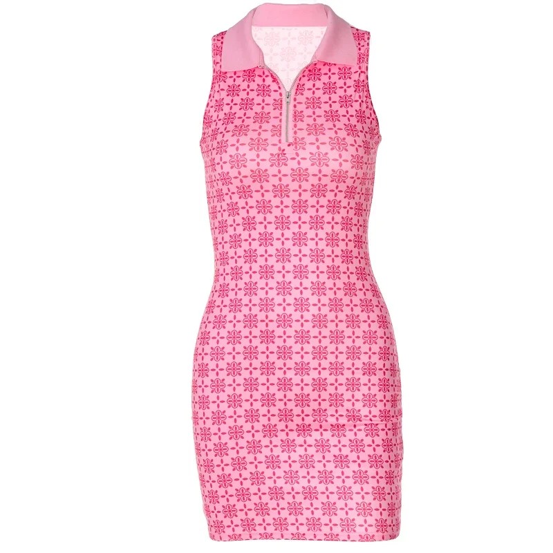 Vestido corto rosa con estampado para mujer, minivestido Sexy con cremallera y cuello tipo Polo sin mangas, ropa de calle Y2K para fiesta y discoteca, verano, 2023