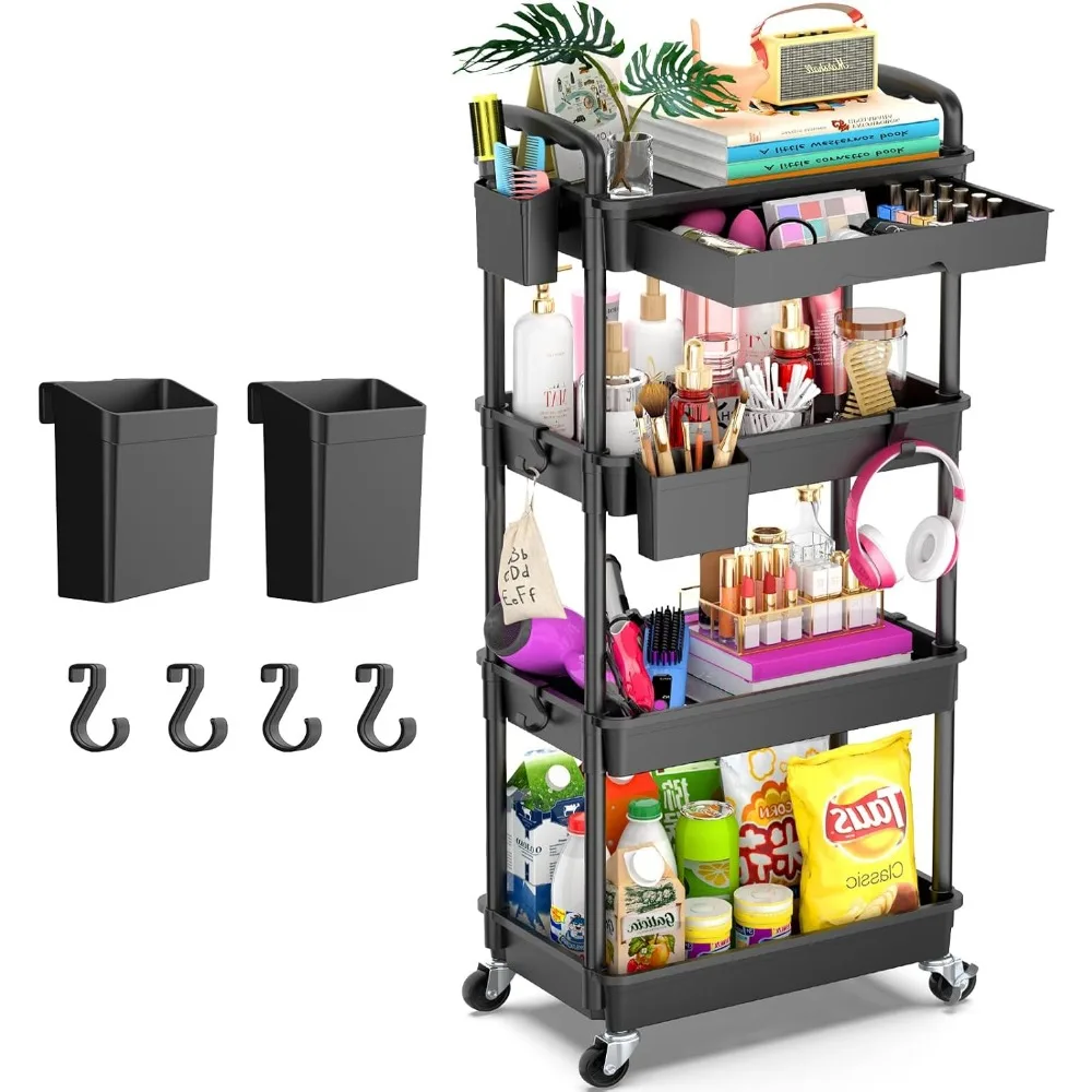 

4-Tier Rolling Utility Cart with Removable Drawer, Lockable Wheels for Kitchen, Bathroom, Craft Storage