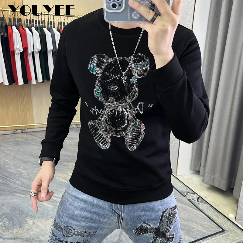 Men's New Design Hoodies Bear Rhinestone Heavy Craft Sweater Autumn Winter New Male Long Sleeve Bottoming Shirt  Man Clothing 5x