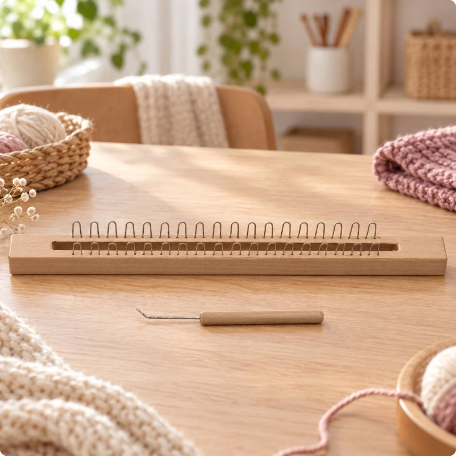 Rectangular Knitting Loom with Metal Pegs Sturdy Large Wooden Knitting Loom Craft Tool Beginner-Friendly Sturdy