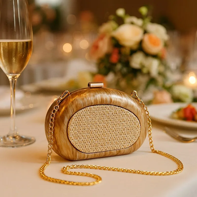 

2025 Fashion Women's Bride Handbag Brand Design Straw Acrylic Evening Clutch Bag Luxury Wedding Purse Lady Party Crossbody Bag