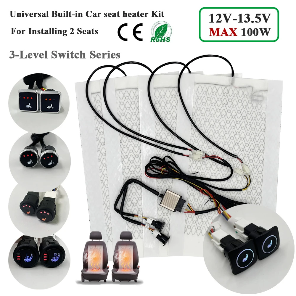 Universal Max 100W  Built-in Car Seat Heater Kit  Fit 2 Seats with 12V Carbon Fiber Heating Pads 3 Levels Control Switch System