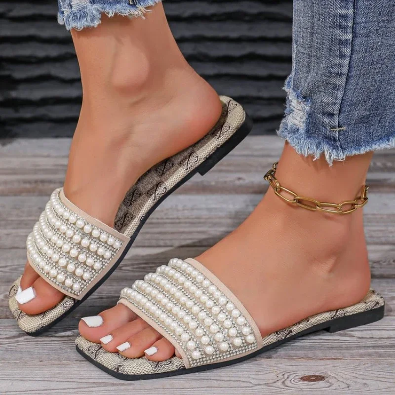 Summer Sparkling Rhinestone Flat Women's Slippers 2024 New Fashion Outdoor Open Toe Comfortable Casual Women Plus Size 43