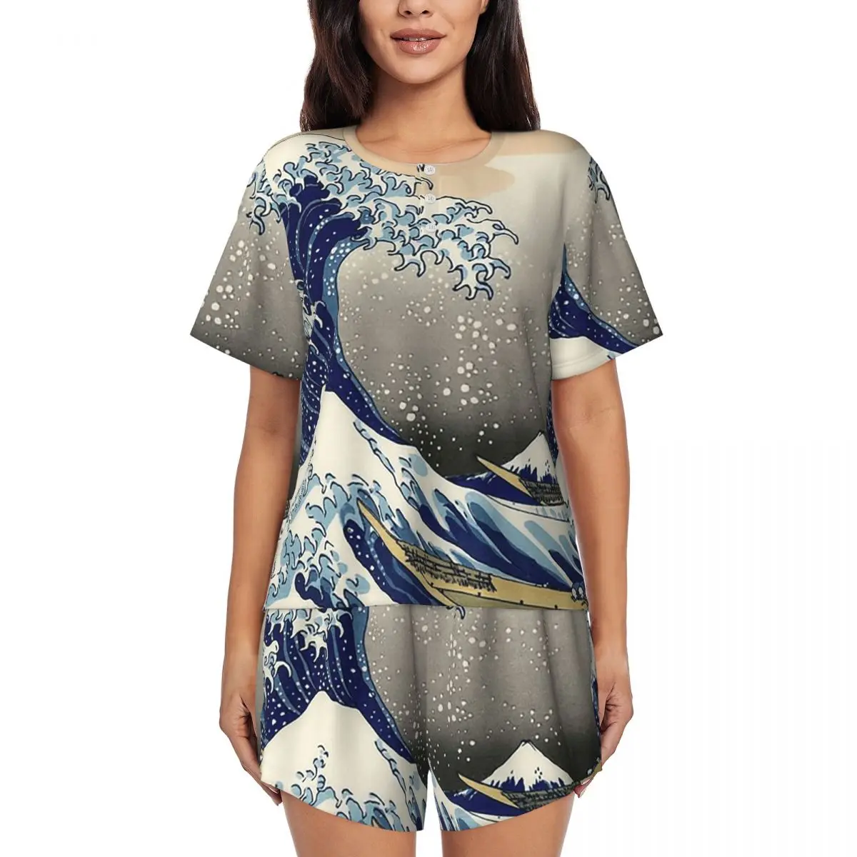 

'The Great Wave Off Kanagawa' Round Neck Short Sleeves Nightdress for Sleeping Women Pajama Set Short Pants