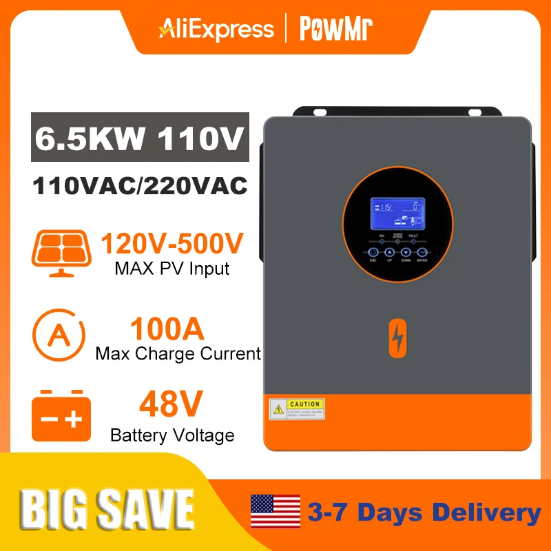 PowMr 6.5KW Split Phase Inverter 48V 110V or 220V with MPPT 100A Solar Battery Charger RS485 CAN Max PV Array Power 7200W image 2