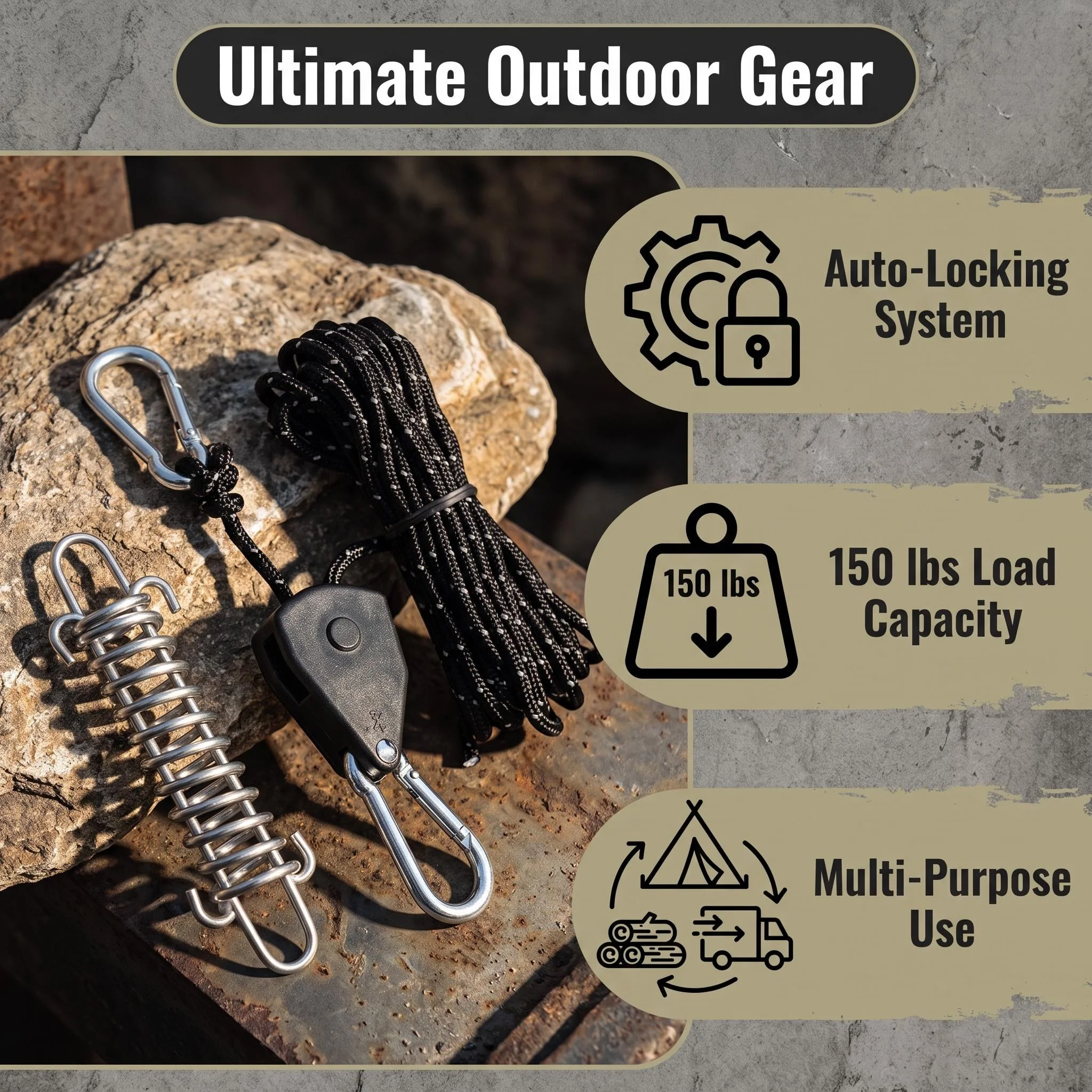 Tent Rope Ratchet Pulley Tensioner, 4m Self-Locking Guy Line Cord with Carabiner Clips for Camping Tarp Canopy Awning