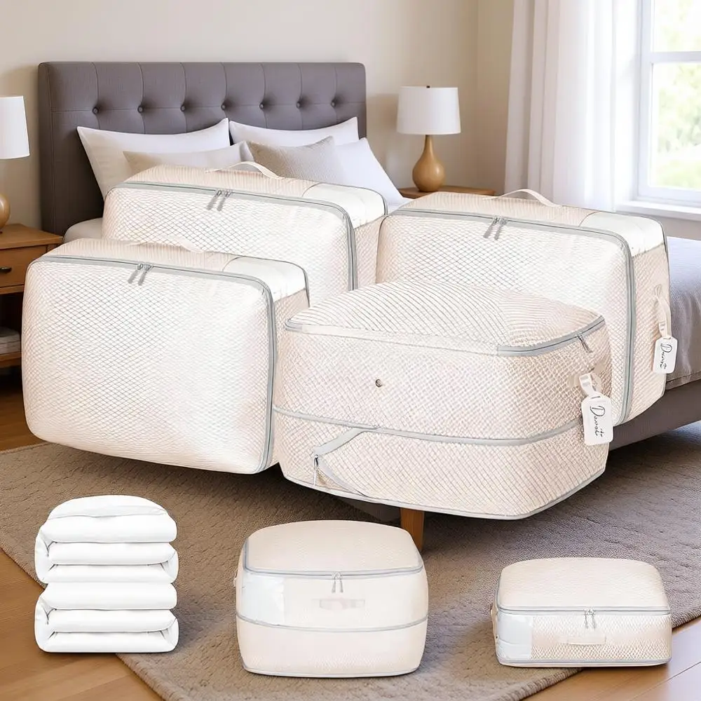 Paquete de 4 Bolsas Grandes para Guardar Mantas - Organizadores de Compresión que Ahorran Espacio para Ropa de Cama, Almohadas, Edredones y Sábanas con Cierre