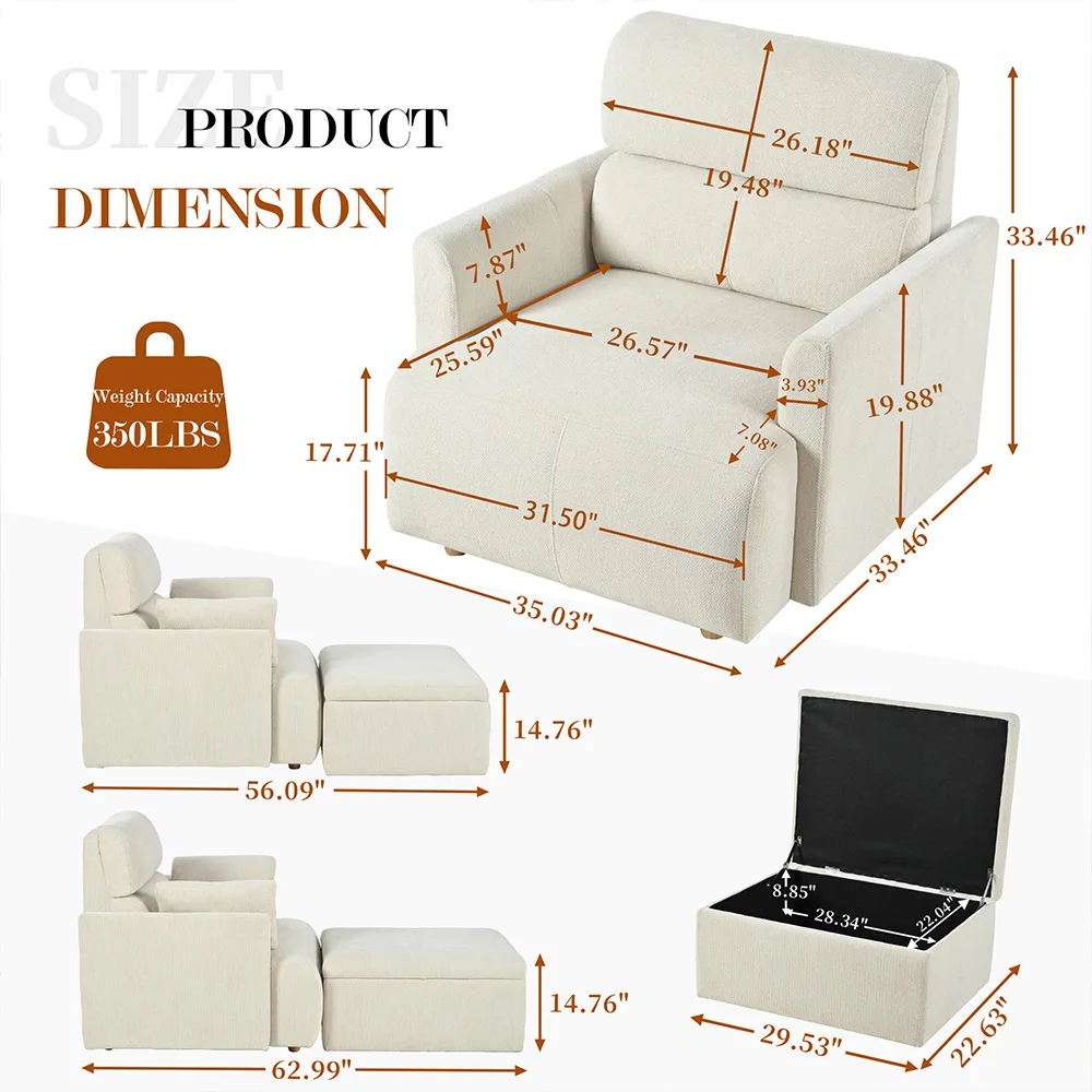 35.03-inch Single Sofa With Storage Footstool Cushioned Sofa Providing a Comfortable Reading Experience Suitable For Living Rooms Apartments and Small-sized Spaces