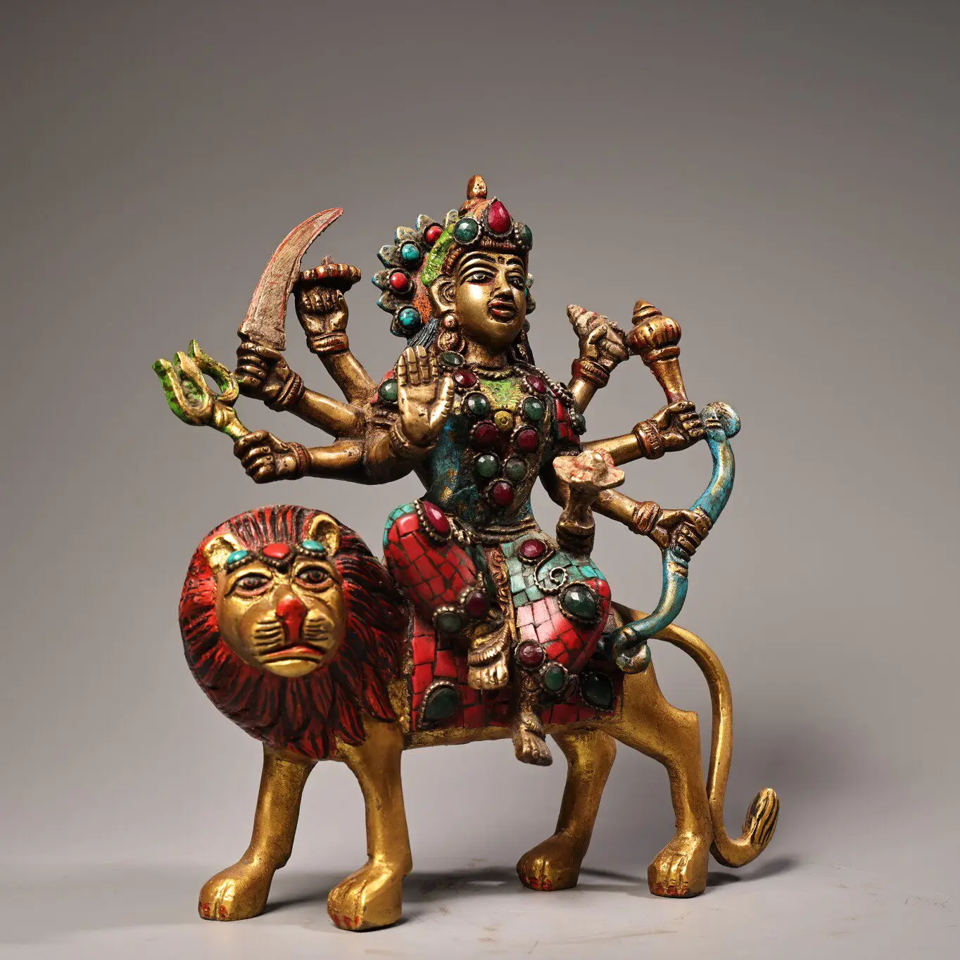 Vintage Handmade Gemstone Inlaid Painted Gold Six Armed Lion Riding Protector Buddha Statue Exquisite Craftsmanship Home Decor