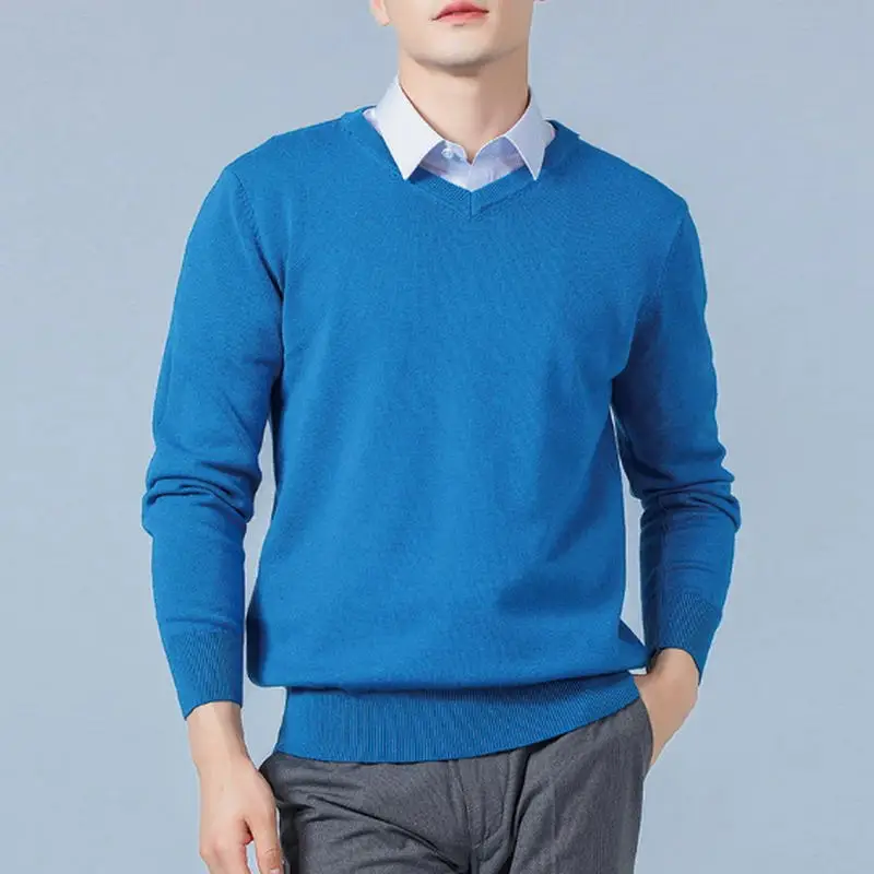 Sweter Kasmir Lembut Pakaian Pria Musim Gugur Musim Dingin Pullover Bisnis Kasual Bawah V-neck Rajutan Wol Slim Fit Pakaian Rajut Pria