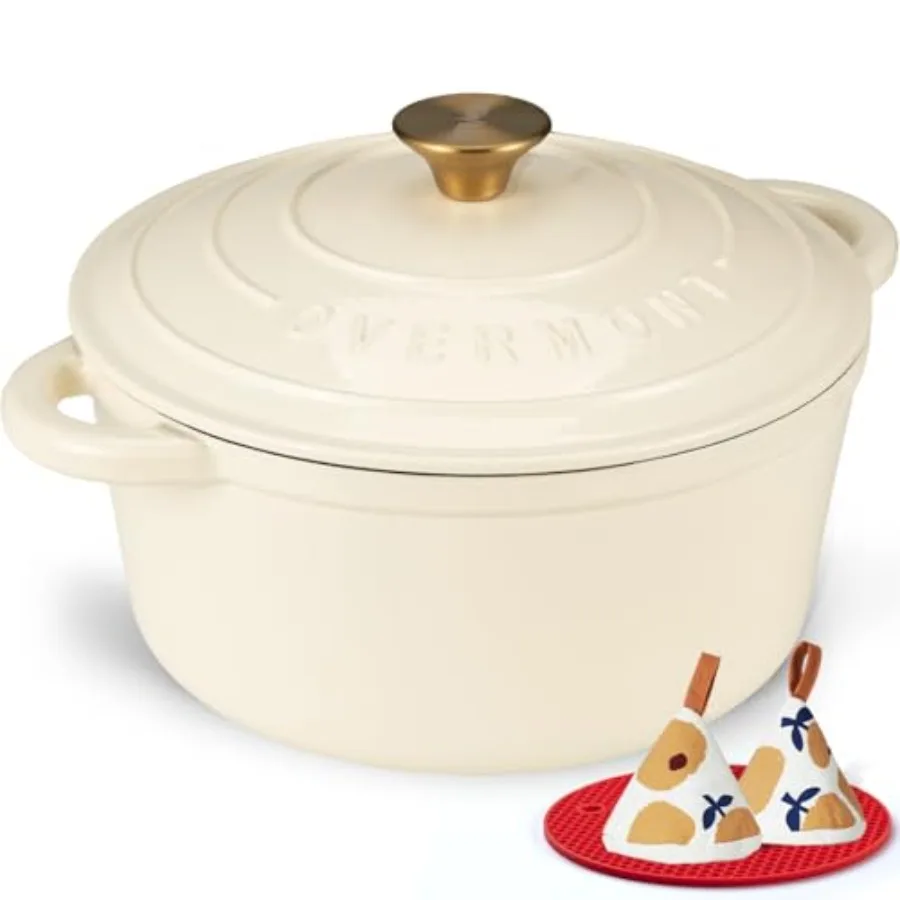 

Enameled Cast Iron Dutch Oven - 7QT Pot with Lid Cookbook and Cotton Potholders - Heavy-Duty Cookware for Braising Stews Roasti