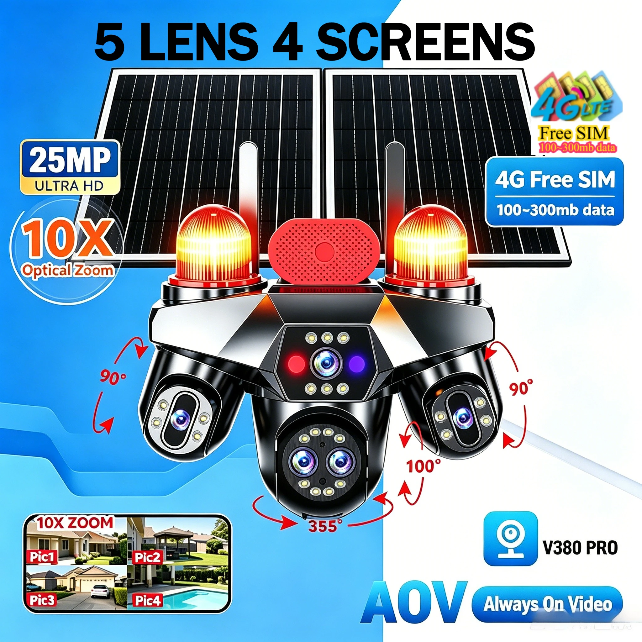 4 Screens 4G Sim AOV Outdoor Solar  IP Camera 5 Lens 3 PTZ Lens Surveillance Cam 10X Zoom 4G Solar CCTV V380 Pro