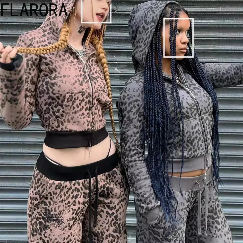 FLARORA Vintage Leopard Printing Two Piece Sets Woman Embroidery Hoodie Zipper Tops And Drawstring Pants Outfits Y2k Streetwear