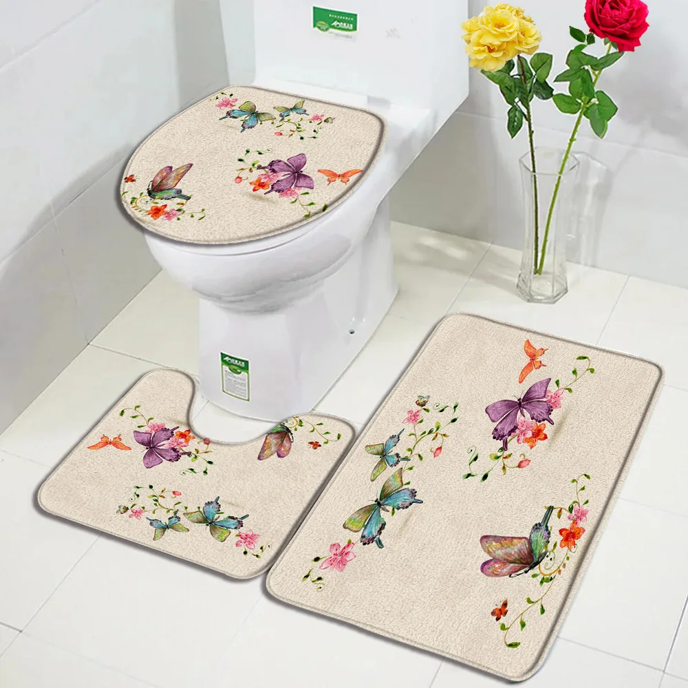 Pink Rose Floral Bath Mat Set Green Leaves Flowers Rustic Home Carpet Non-Slip Bathroom Decorative Floor Rugs Toilet Lid Cover