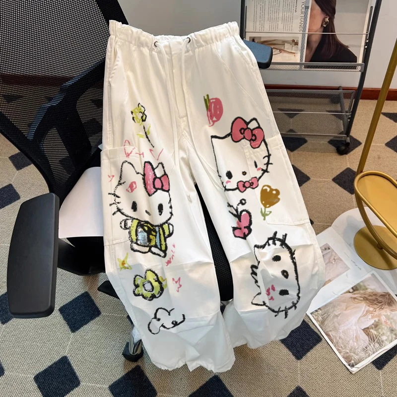 Plones Casus de Trabajo Hoados con Estampado de iti de Dibujos Animados Retro, Plones de Pierna Ancha con Co...